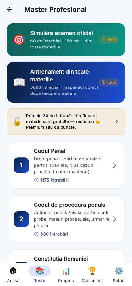 Materiile examenului de master, fiecare cu banca ei de grile